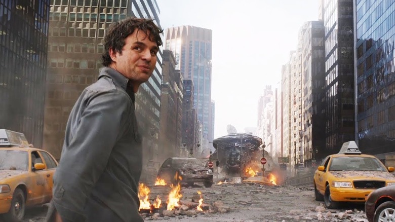 Banner stands on a wrecked NYC street in "The Avengers" (2012)