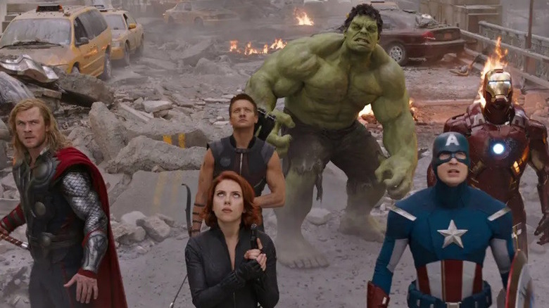 The Avengers looking at the sky assembled for battle in "The Avengers" (2012)