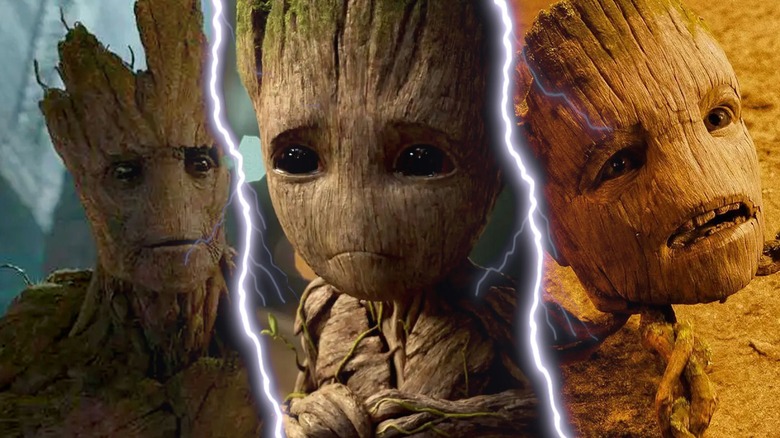 Three images of Groot from 