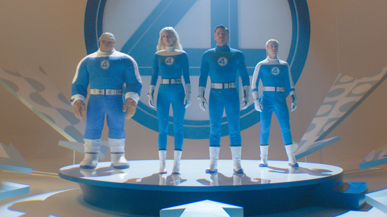 The Fantastic Four on a stage in "The Fantastic Four: First Steps" (2025)