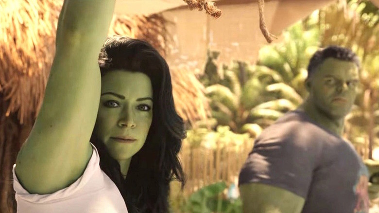 She-Hulk looks at the camera as she and Hulk train in "She-Hulk: Attorney at Law" (2022)