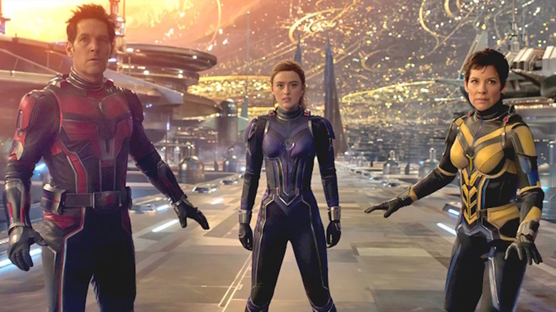 Scott, Cassie, and Hope in superhero costumes in "Ant-Man and the Wasp: Quantumania" (2023)