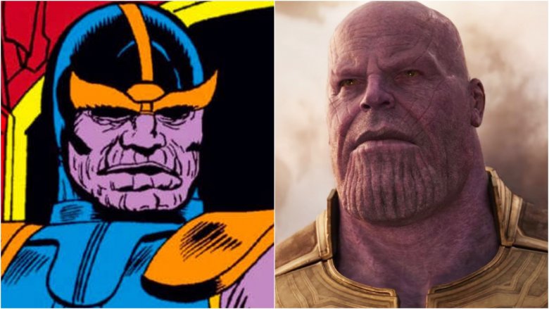Thanos from his first comic book appearance in Iron Man #55, and Thanos in Avengers: Infinity War