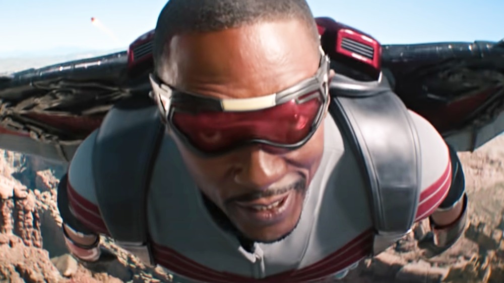 Anthony Mackie flying as Falcon in The Falcon and the Winter Soldier