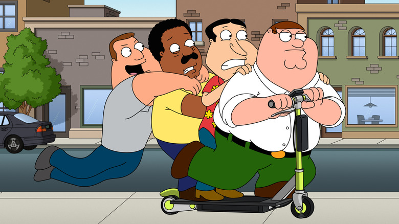 Joe, Cleveland, Quagmire, and Peter share a scooter
