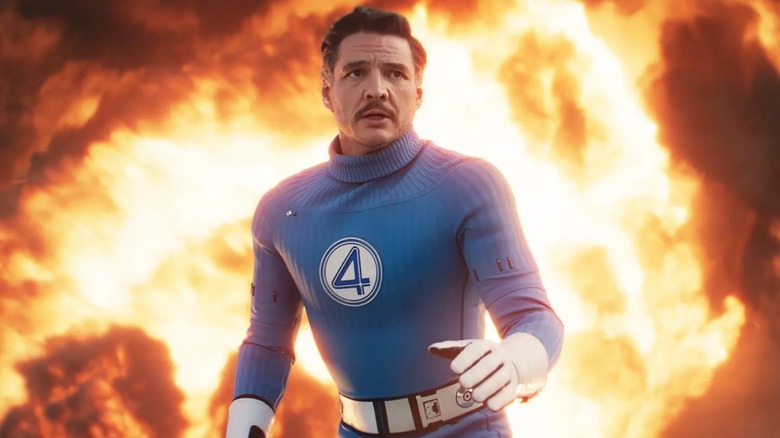 Reed Richards in front of a huge explosion in The Fantastic Four: First Steps