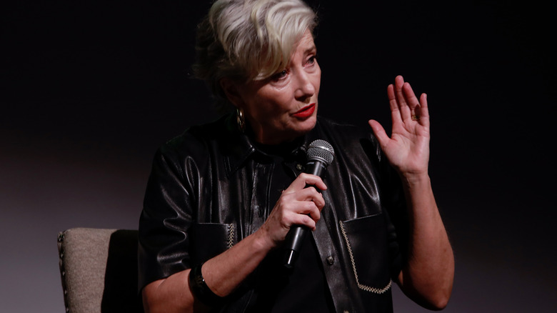 Emma Thompson talking into microphone