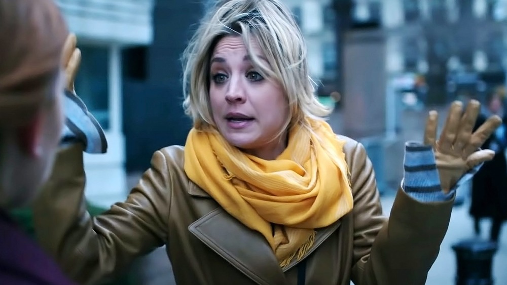 The Flight Attendant Kaley Cuoco shrugging desperately
