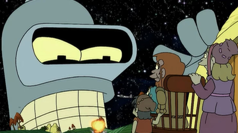 Massive Bender head glaring at townsfolk