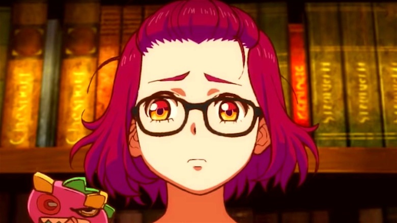 Mei pink hair and glasses