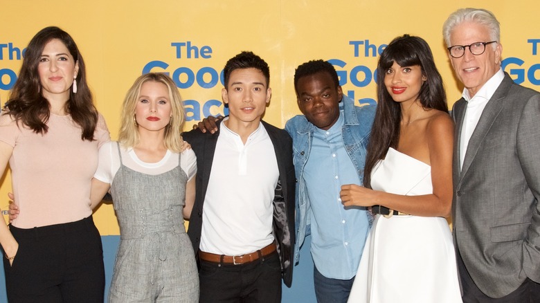 The cast of The Good Place on a red carpet