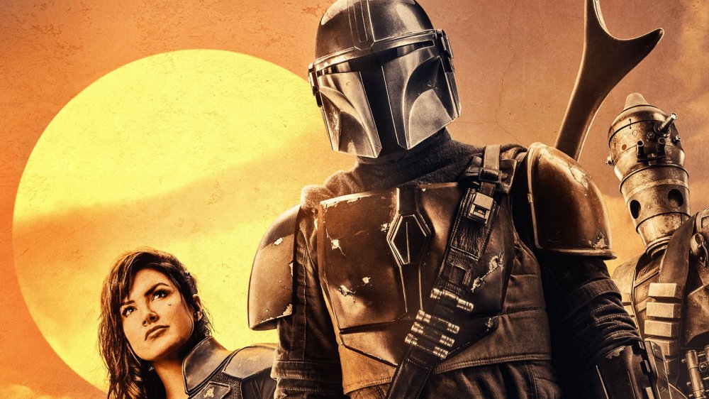 Pedro Pascal as Mando and Gina Carano as Cara Dune on The Mandalorian promo poster