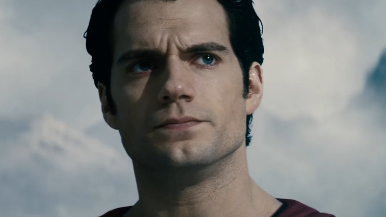 Superman looking serious in sky