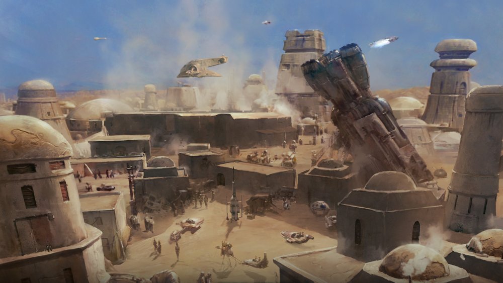 The wreckage of the colony ship Dowager Queen in its final resting place, sticking out of the streets of Mos Eisley