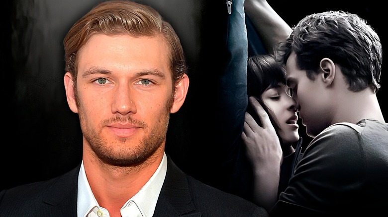 Pettyfer stands by a "50 Shades of Grey" poster