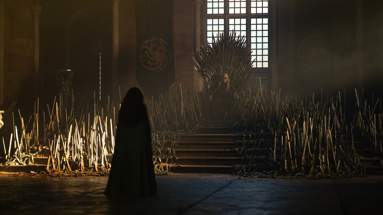 Alicent confronting Aemond on the Iron Throne in House of the Dragon Season 3 (2026)
