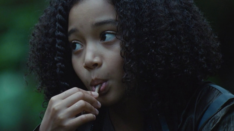 Rue looking off with something in her mouth