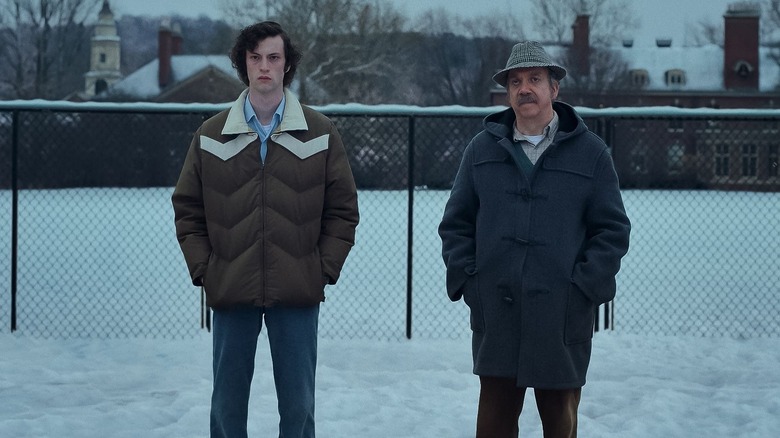 Angus and Paul stand in snow