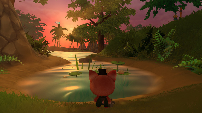 Cat looking over pond at sunset