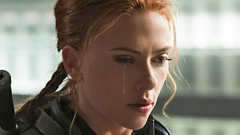 Scarlett Johansson as Natasha Romanoff crying in Black Widow