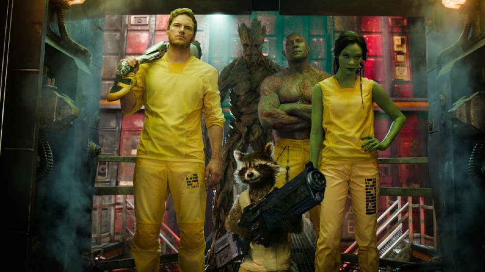 Chris Pratt, Dave Bautista, and Zoe Saldana in Guardians of the Galaxy