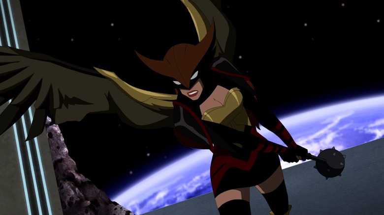 Hawkgirl fighting on Watchtower