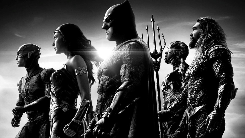 Ezra Miller as The Flash, Gal Gadot as Wonder Woman, Ben Affleck as Batman, Ray Fisher as Cyborg, and Jason Momoa as Aquaman in Zack Snyder's Justice League