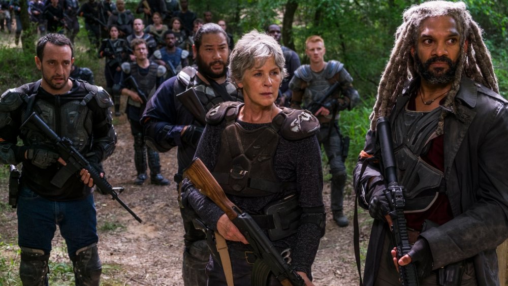 Melissa McBride as Carol, Khary Payton as Ezekiel, Carlos Navarro as Alvaro, and Cooper Andrews as Jerry on The Walking Dead