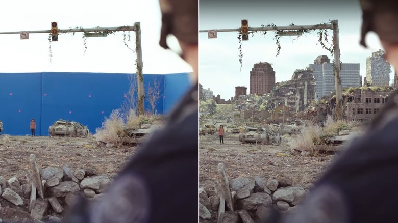 A soldier looking at a blue screen in a before and after shot from The Last of Us