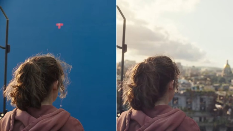 Bella Ramsey looking at a blue screen while making The Last of Us