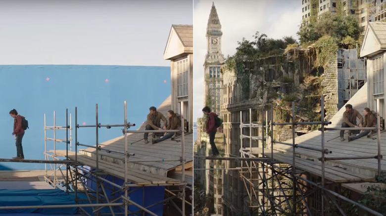 Ellie walking a plank with blue screen in background in The Last of Us