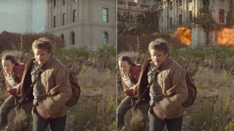 Joel and Ellie run away from an exploding building before and after CGI has been added