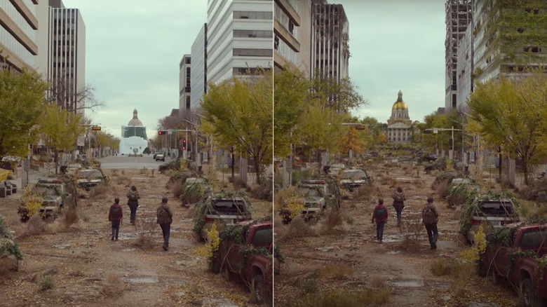 Joel, Ellie, and Tess walking through Boston in The Last of Us