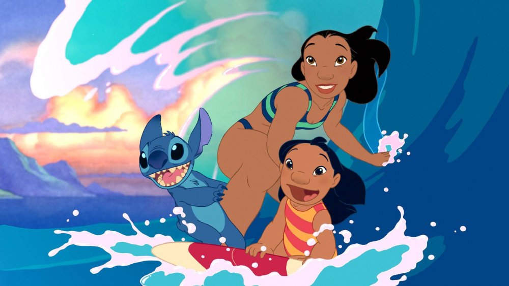 Lilo, Nani, and Stitch ride a wave