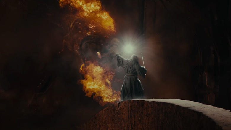 Gandalf shown from behind as he fights the Balrog in "The Fellowship of the Ring"