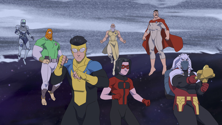 Tech Jacket, Allen, Mark, Oliver, Thaedus, Nolan, and Battle Beast floating in space in Season 4 of "Invincible" (2026)