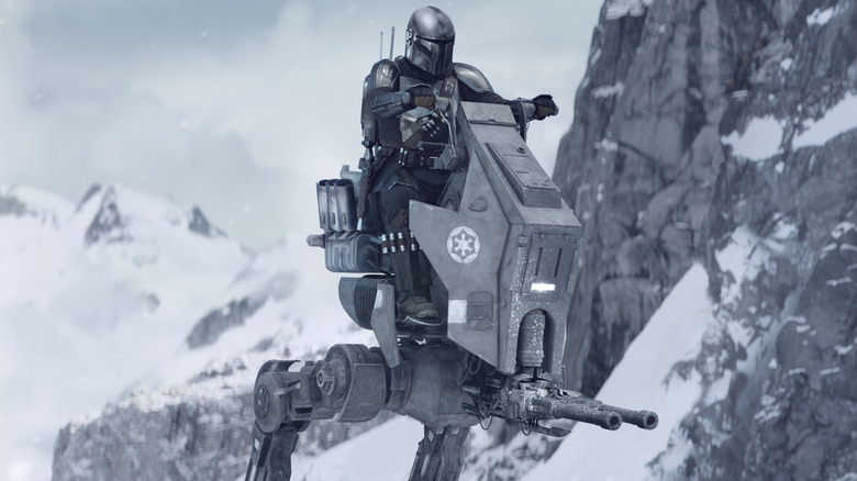 Din Djarin operating an AT-ST in The Mandalorian and Grogu