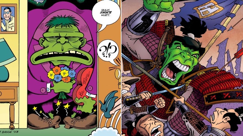 Split image of Peter Bagge's Incorrigible Hulk and Stan Sakai's samurai Hulk