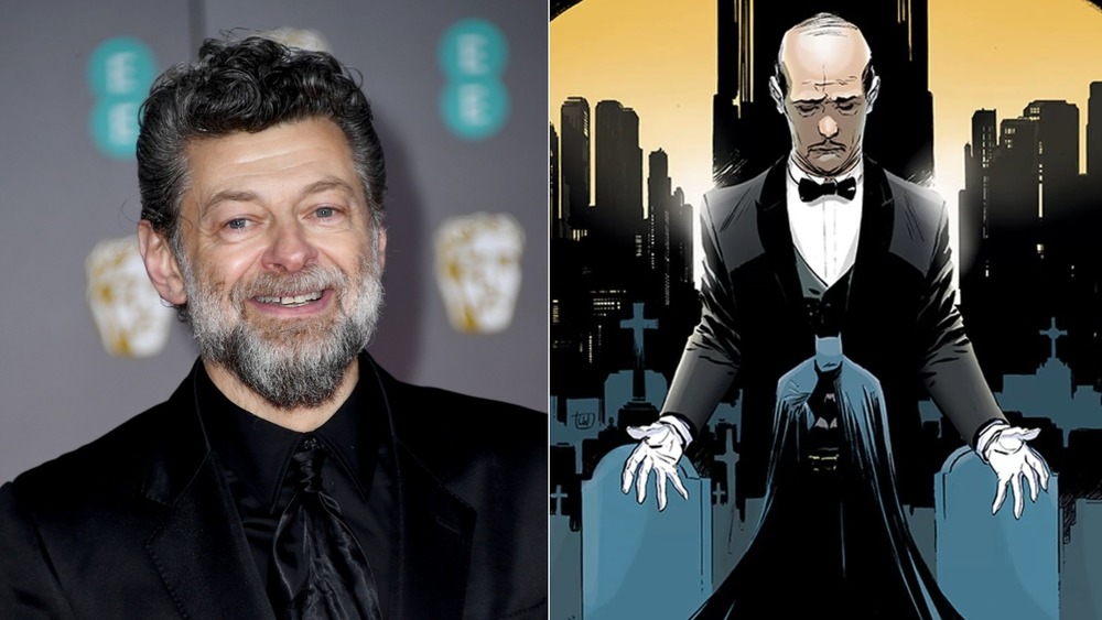 Andy Serkis and art of Alfred Pennyworth standing over Batman by Lee Weeks