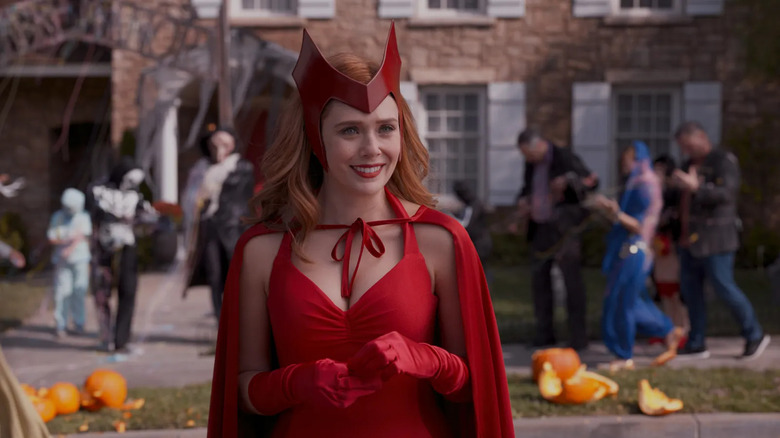 Wanda wearing Scarlet Witch Halloween costume