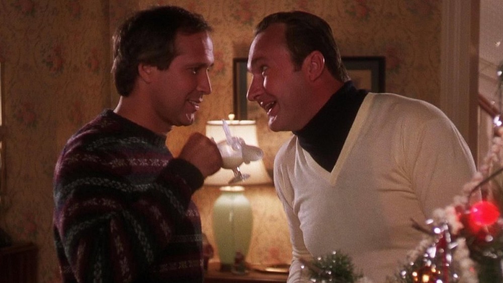 Chevy Chase as Clark and Randy Quaid as Cousin Eddie share an eggnog in National Lampoon's Christmas Vacation