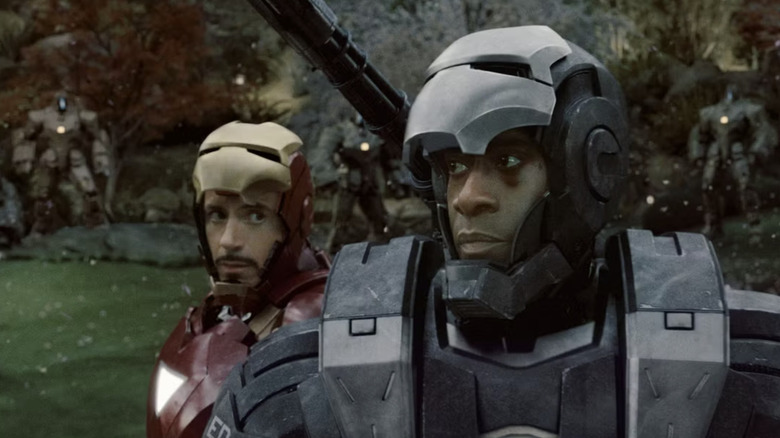 Iron Man and War Machine are surrounded by drones in "Iron Man 2" (2010)
