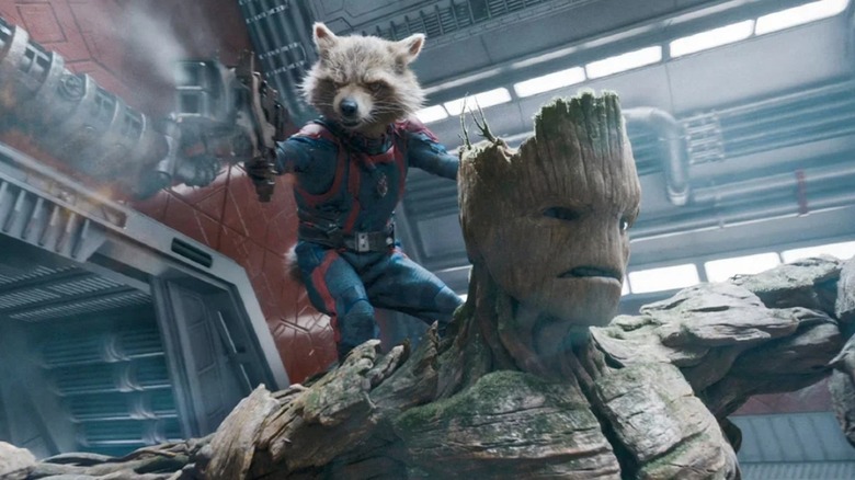 Rocket Raccoon perched atop Groot's shoulder in "Guardians of the Galaxy Vol. 3" (2023)
