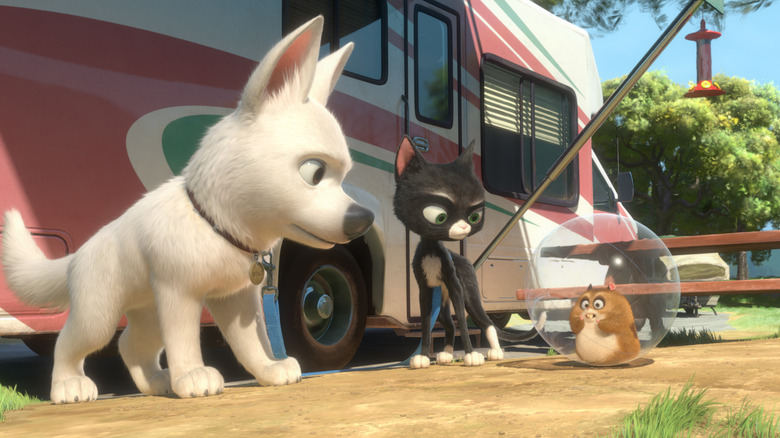 The leads of Bolt in a trailer park