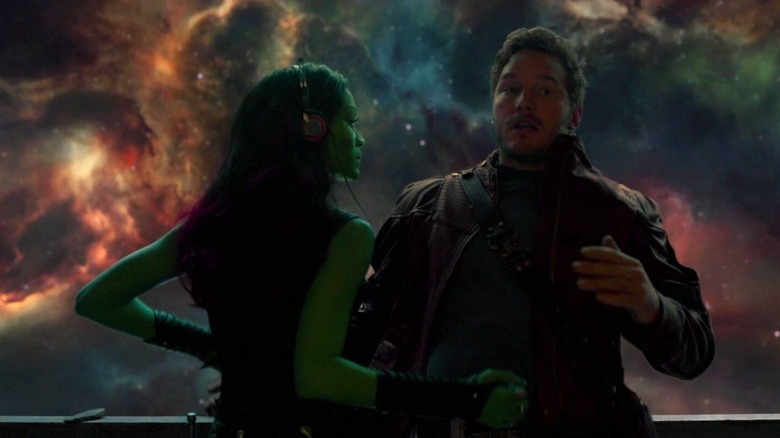 Zoe Saldana as Gamora and Chris Pratt as Star-Lord in Guardians of the Galaxy