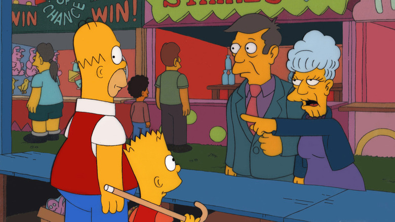 Bart and Homer Simpson face Principal Skinner and Agnes Skinner in "Bart Carny" (1998)