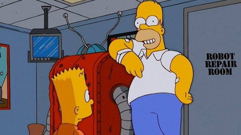 Homer Simpsons with his battered robot in "I, (Annoyed Grunt)-bot" (2004)
