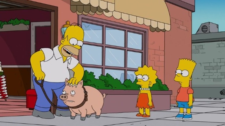 Homer Simpson petting Plopper at the entrance of Luigi's while Lisa and Bart watch in "Pork and Burns" (2017)