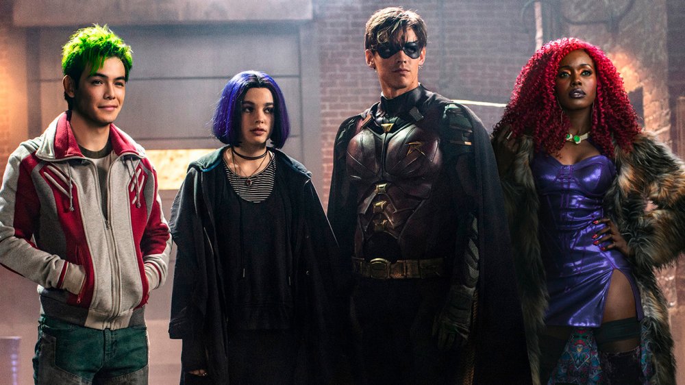 Anna Diop, Teagan Croft, Brenton Thwaites, and Ryan Potter as Starfire, Raven, Robin and Beast Boy in Titans season 1