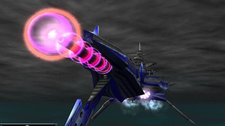 A cannon on the front of a floating ship